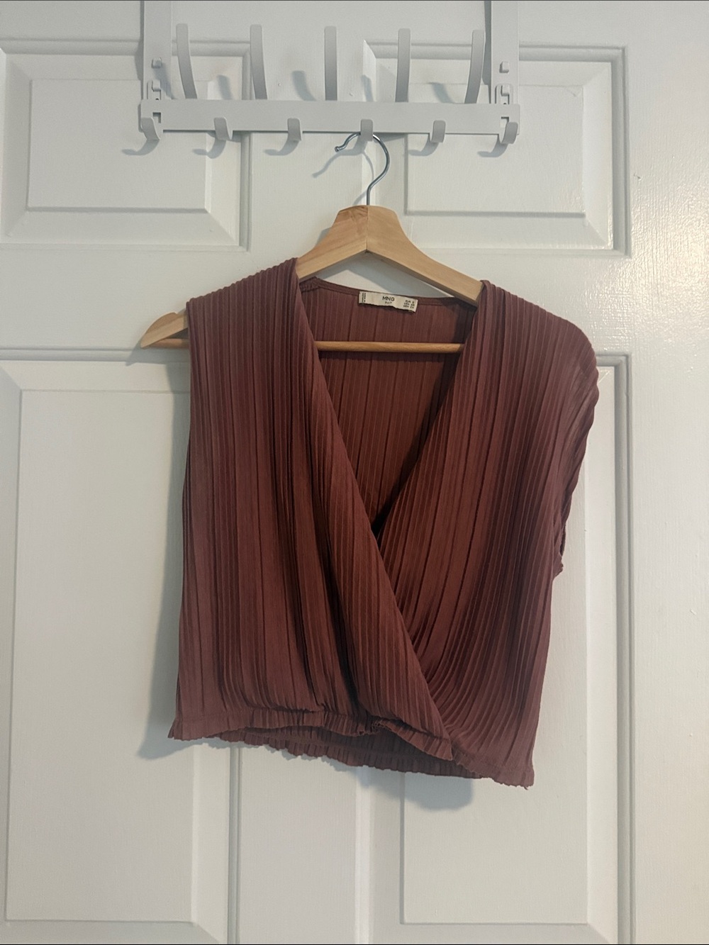 Mango Pleated Wrap-Front Blouse in Mauve Brown